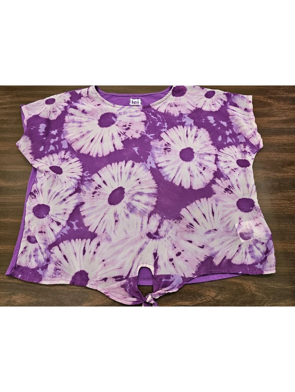 Lei Girls XL Tie Dye Floral Top Purple White Short Sleeve Cutout Back Shirt